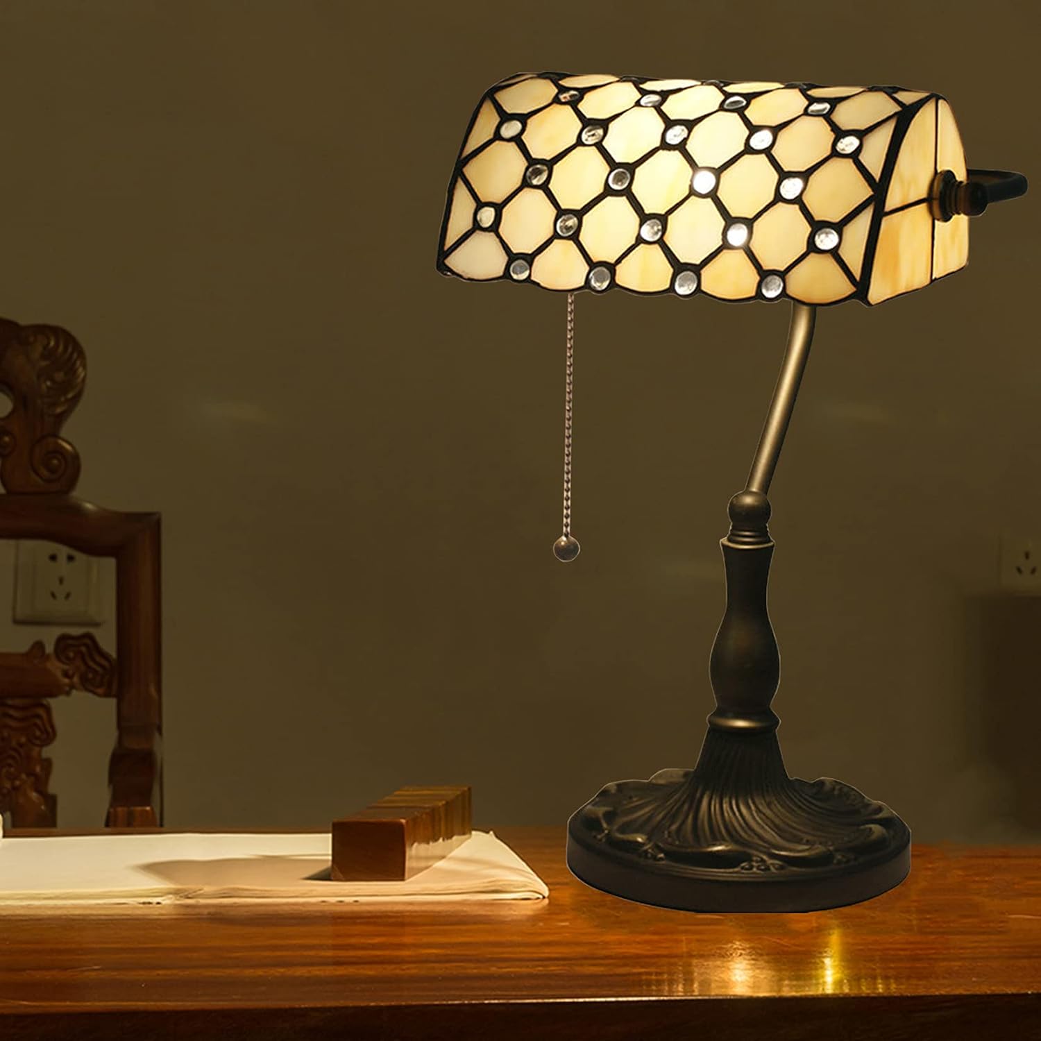Tiffany Style Bankers Table Lamp Stained Glass Piano Desk Lamp Vintage Bedroom Bedside Lamp for Study,Antique Alloy Base,Zipper Switch,Beige