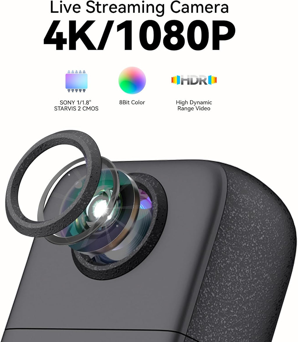 Outdoor Wireless 4K Live Streaming Camera, StreamCam for Live Streaming, HDR, 180° Rotating Lens, 240 Mins Battery, IPx4 Raining-Proof, Dual-Mic Stereo, 167℉ Heat-Resistant, 1/4'Thread Adapter