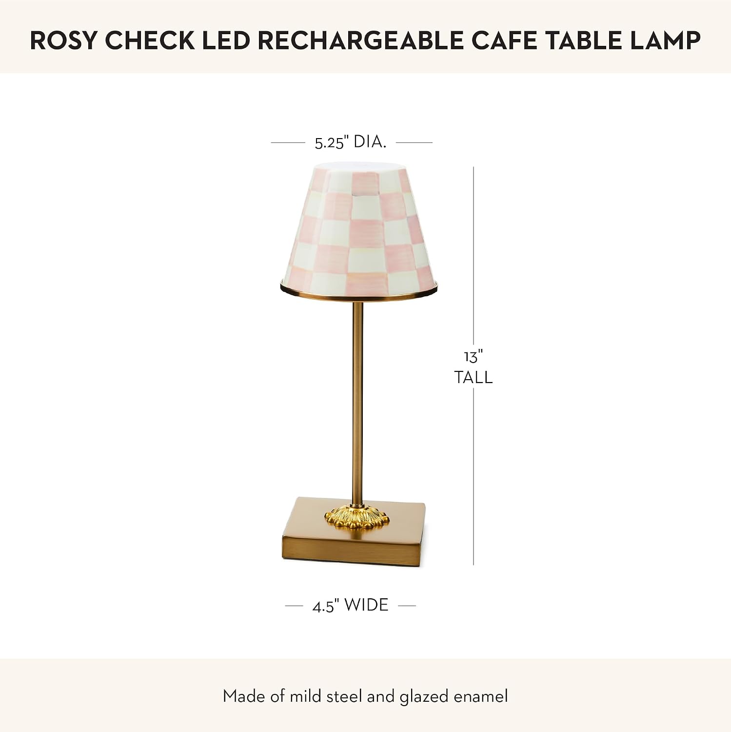 MACKENZIE-CHILDS LED Rechargeable Cafe Table Lamp, Cordless Decorative Lamp, Pink-and-White Rosy Check