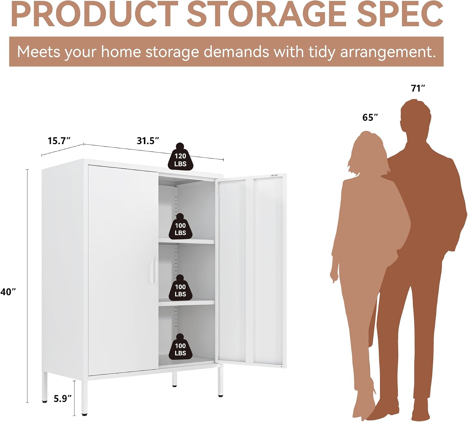 Metal Locker Cabinet, White Accent Storage Cabinets with 2 Doors And Adjustable Shelves, 3 Tier Modern Storage Freestanding Sideboard for Living Room,School,Office Home Kitchen (White, 2Doors-40'H)