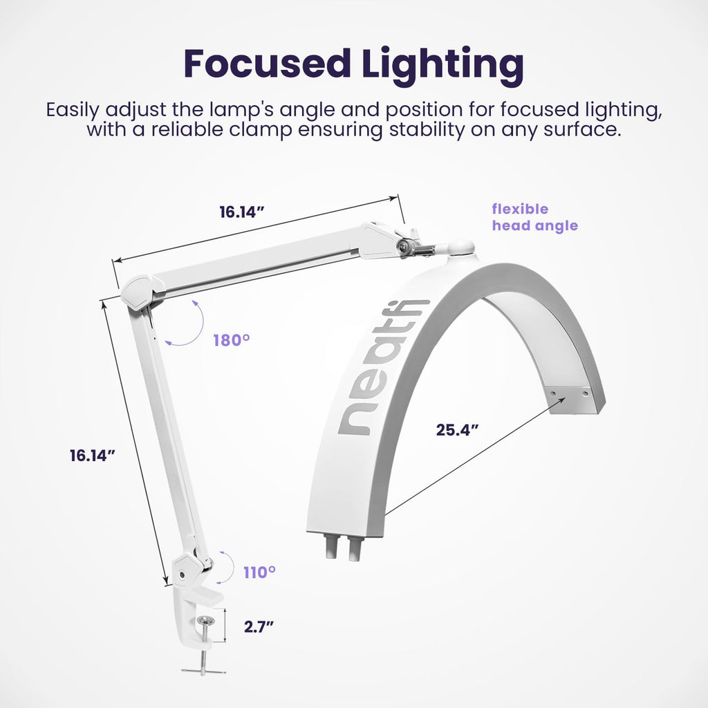 Neatfi Half Moon LED Table Lamp for Estheticians & Nail Techs – 2,500 Lumens | 5 Light Modes | Professional Task Lamp for Facial, Waxing, Threading & Tattoo (White, CCT with Clamp)