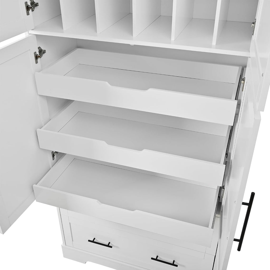 Freestanding Kitchen Pantry Storage Cabinet, 72.6''H Tall Wooden Kitchen Organizers with 2 Doors, Pull-Out Trays, 2 Drawers and Cake Pan Storage for Dining Room Living Room (White-1.12)
