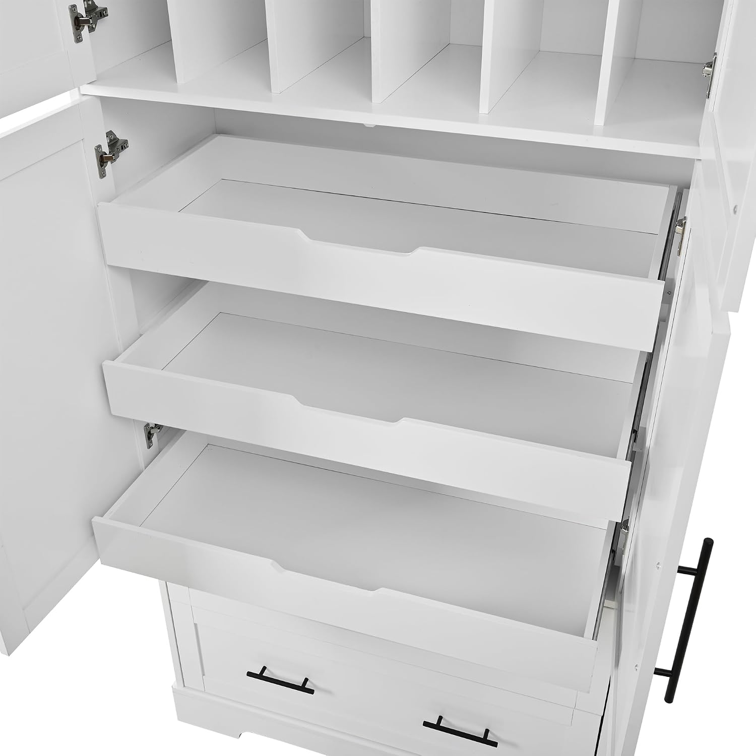 Freestanding Kitchen Pantry Storage Cabinet, 72.6''H Tall Wooden Kitchen Organizers with 2 Doors, Pull-Out Trays, 2 Drawers and Cake Pan Storage for Dining Room Living Room (White-1.12)