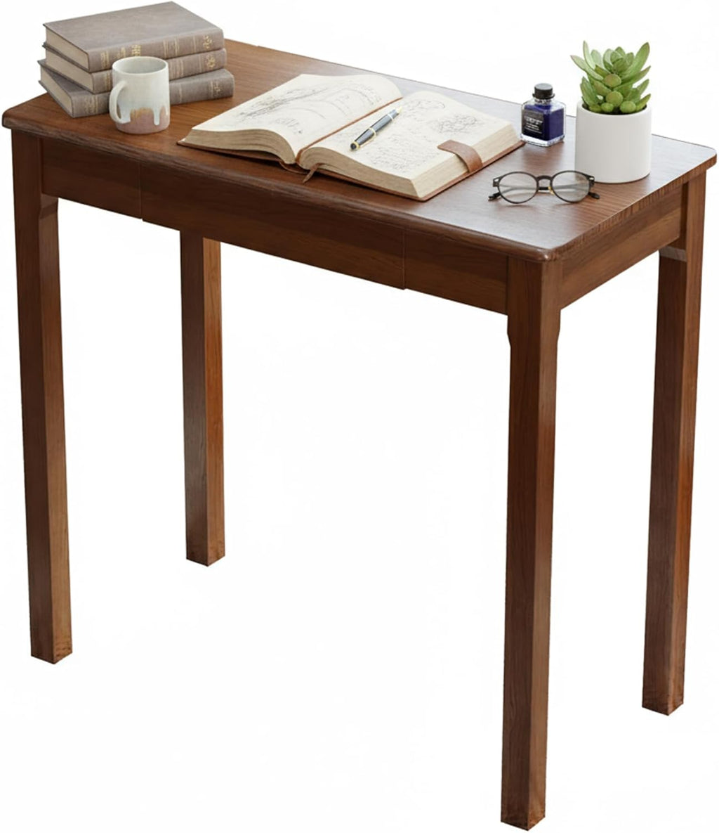 Solid Wood Desk with Drawers - 31.5' Narrow Desks for Small Spaces, Mid Century Modern Desks, Small Wooden Vintage Computer Writing Desk, Study Table for Home Office Bedroom, Walnut