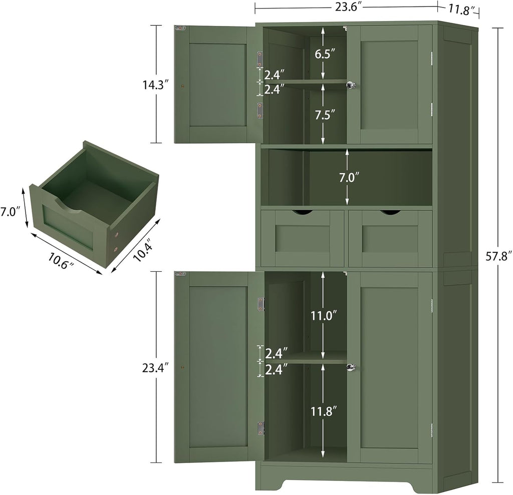 Iwell 58' H Tall Bathroom Storage Cabinet with 2 Drawers & 2 Adjustable Shelves, Bathroom Cabinet with 4 Doors, Tall Cabinet for Living Room, Dining Room, Entryway, Forest Green