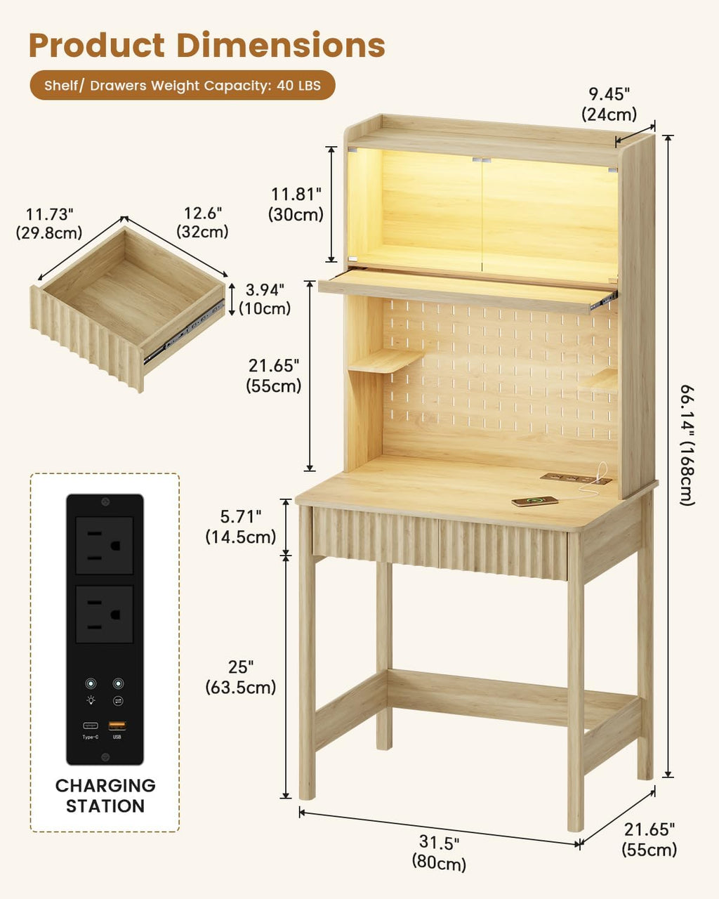 HNEBC Natural Computer Desk - with Power Outlets & Chariging Station,Small Writing Desk with Hutch and Drawers,66.3''H Office Desk with Pull-Out LED Lights,Pop-up Glass Door,Pegboards,Bedroom