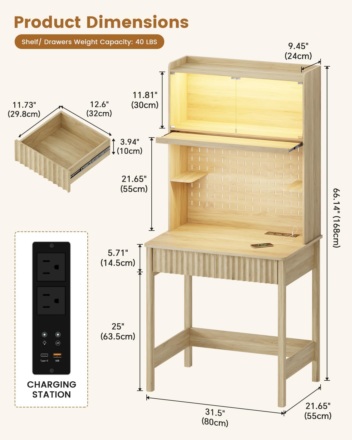 HNEBC Natural Computer Desk - with Power Outlets & Chariging Station,Small Writing Desk with Hutch and Drawers,66.3''H Office Desk with Pull-Out LED Lights,Pop-up Glass Door,Pegboards,Bedroom