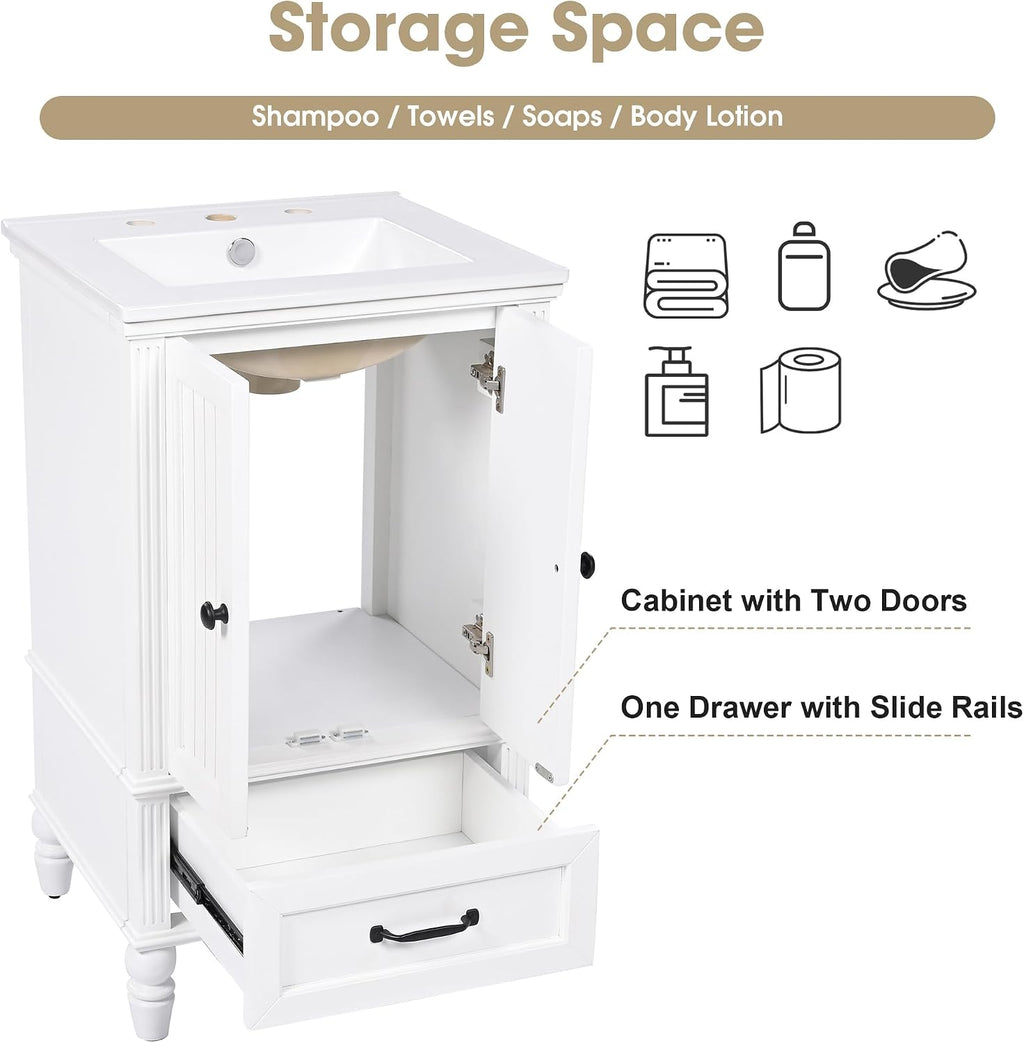 Flieks 20' Bathroom Vanity with Sink, Bathroom Cabinet with Two Doors, Magnetic Door Stopper and Adiustable Foot Pads, A Drawer, White