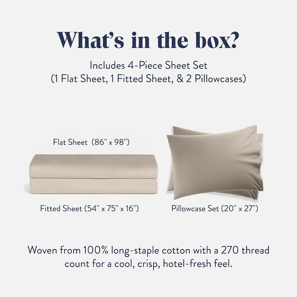 Brooklinen Luxury Percale Sheet Set - 4 Piece 100% Cotton Bed Sheets - 1 Fitted & 1 Flat Sheet, 2 Pillowcases - Cotton Percale Sheets for Hot Sleepers (Queen Size, Beige)