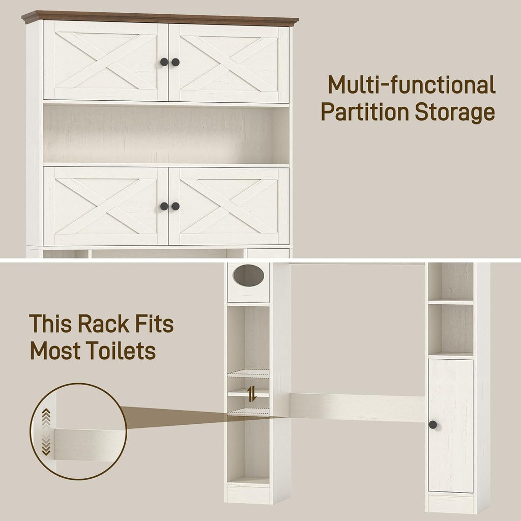 Over The Toilet Storage Cabinet, Farmhouse Storage Over Toilet with 4 Barn Doors & Adjustable Shelf, Space Saving Bathroom Organizer with Toilet Paper Holder Stand for Bathroom, Laundry, Rustic White