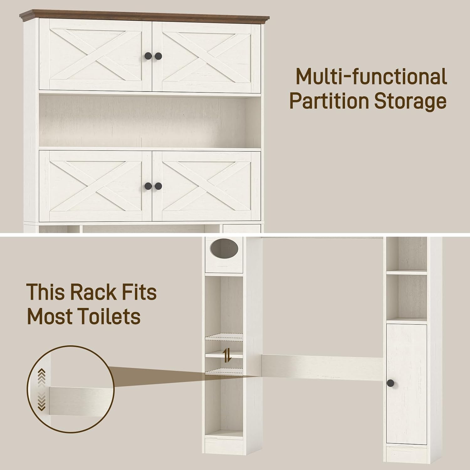 Over The Toilet Storage Cabinet, Farmhouse Storage Over Toilet with 4 Barn Doors & Adjustable Shelf, Space Saving Bathroom Organizer with Toilet Paper Holder Stand for Bathroom, Laundry, Rustic White