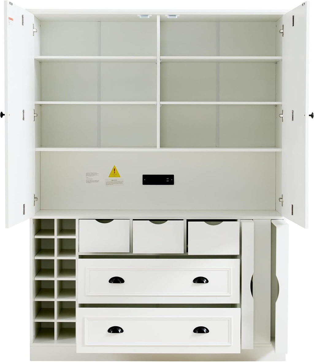 Merax 71' H Tall Kitchen Pantry Cabinet with Outlet, Modern Kitchen Hutch with Microwave Stand and Wine Racks, Large Food Pantry Storage Cabinet with Serving Trays and Drawers, White