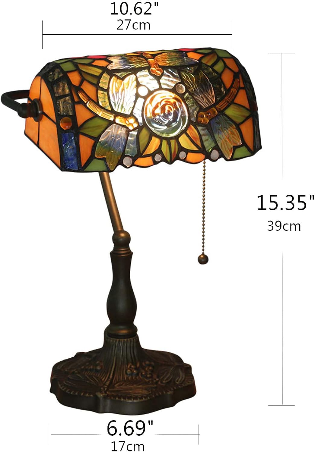 Tiffany Style Bankers Table Lamp Stained Glass Piano Desk Lamp Vintage Bedroom Bedside Lamp for Study,Antique Alloy Base,Zipper Switch,Dragonfly b