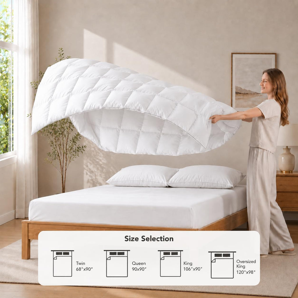 Lightweight Feather Down Fiber Comforters Oversize King,Summer Duvet Insert for Hot Sleepers,Hypoallergenic Soft Breathable Comforter with 8 Tabs,Hotel Luxury Mellow Sleep Comforter for All Seasons