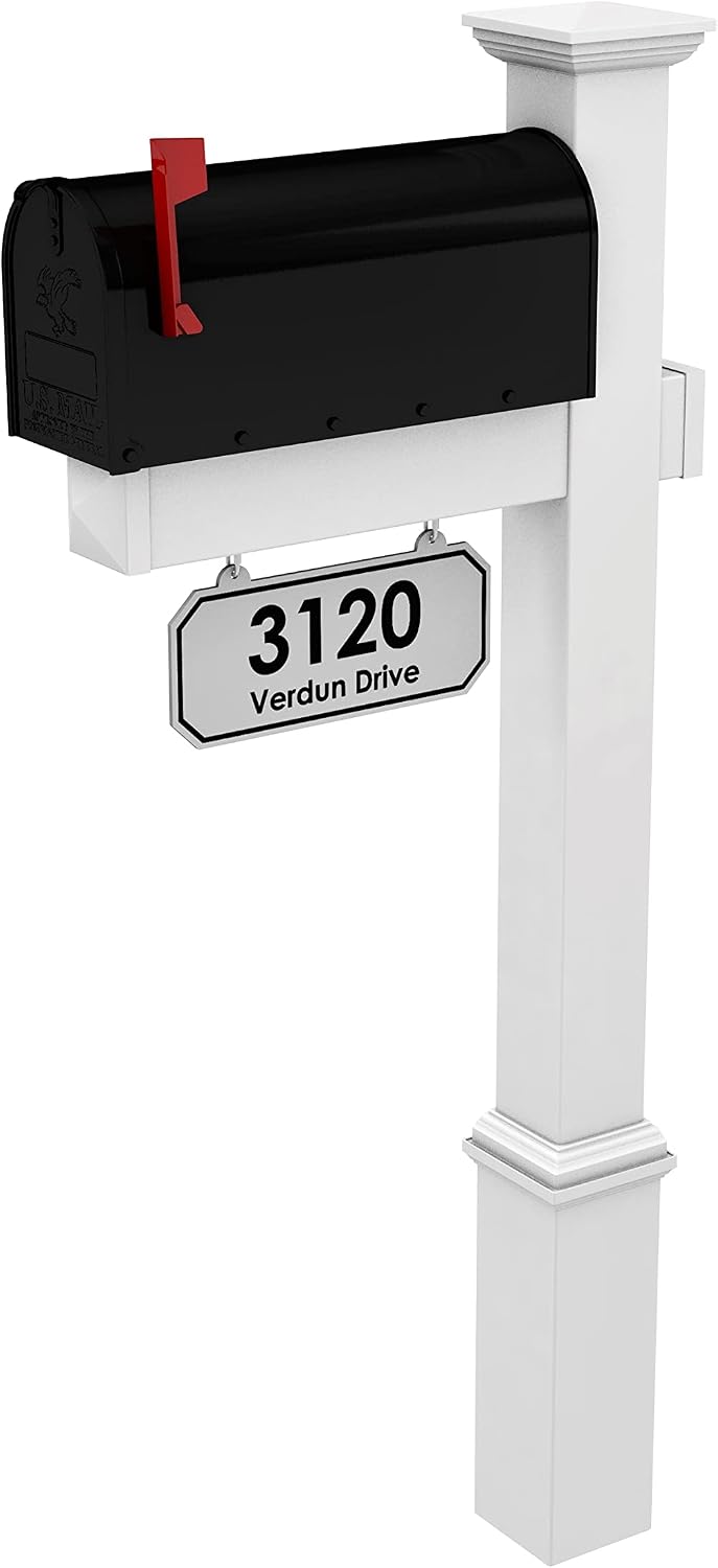 4Ever Products The Amelia Vinyl Mailbox Post System - Includes Steel Mailbox and Custom Street Address (Black Mailbox)