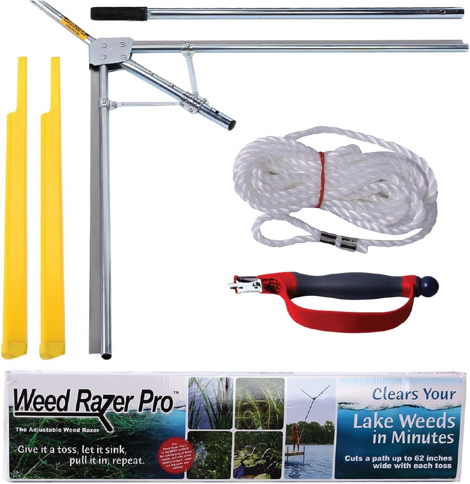 Jenlis Weed Razer Pro, Lake Weed Cutter, Large Pond Aquatic Plant Cutting Tool, Sharp Razor Blades Shear Cattail, Reed, Lilly & Chara Algae, Adjustable 30'-62' Inch Cut Width, 25' Foot Throw Rope