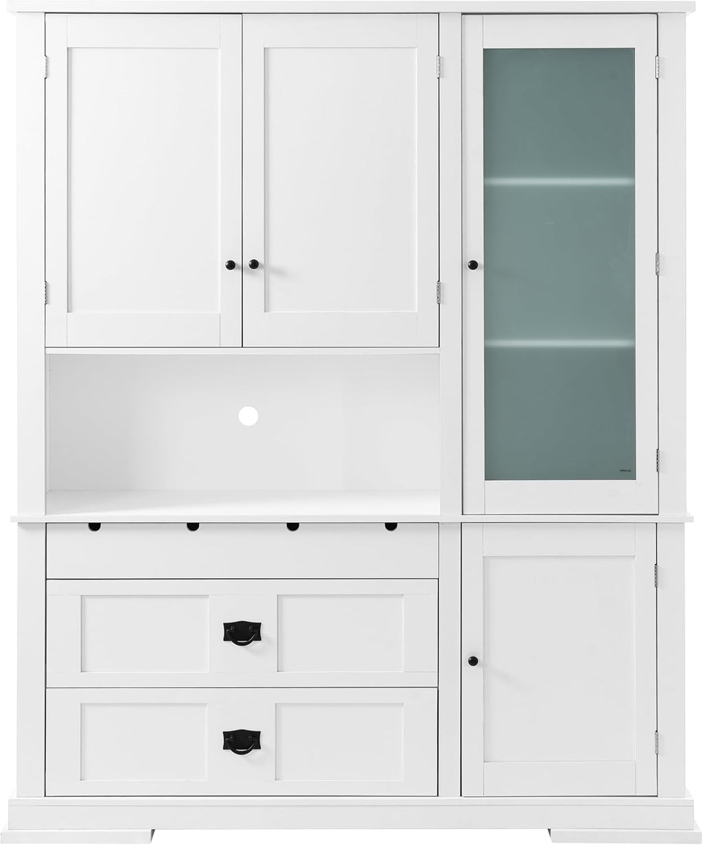 Modern 78.3 inch Large Kitchen Pantry Storage Cabinet, Traditional Buffet Cabinet with Hutch and Drawers, Wood Freestanding Tall Storage Cabinet with Door Shelf and Adjustable Shelves (White//2)