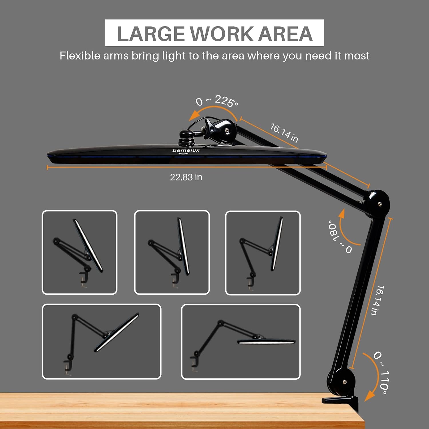 Task Lamp with Clamp, 23 Inch Lamp Head, Bright 182PCS LEDs,3 Color Temperatures, 4 Brightness Levels, Metal Swing Arm 20W 2200 Lumen Dimmable Led Desk Lamp (Black, CCT)