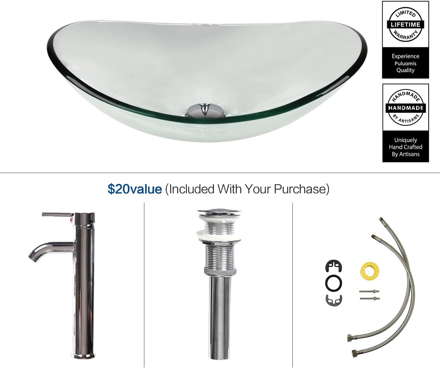 YOURLITE 24 Inches Traditional Bathroom Vanity Set with Single Faucet Hole, Clear Boat Glass Sink, White Finish, 2-Door Cabinet