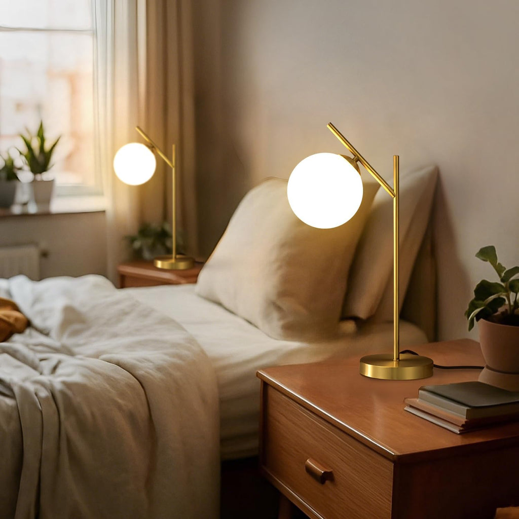 Globe Table Lamp Set of 2, Brass Glass Globe Desk Lamp with Milky White Glass Shade, Contemporary Metal Bedside lamp for Bedroom Living Room Study Room