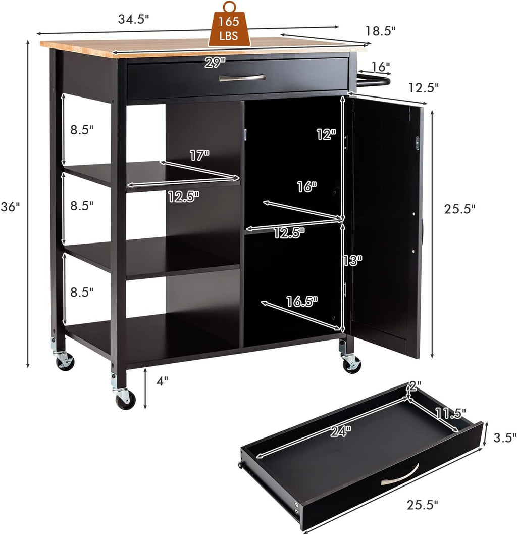 Giantex Kitchen Island - Mobile Kitchen Cart on Wheels, 1-Door Storage Cabinet, Large Drawer, 3 Tier Shelves, Rubber Wood Countertop, Towel Handle, Rolling Serving Cart for Dining Room Bar (Brown)
