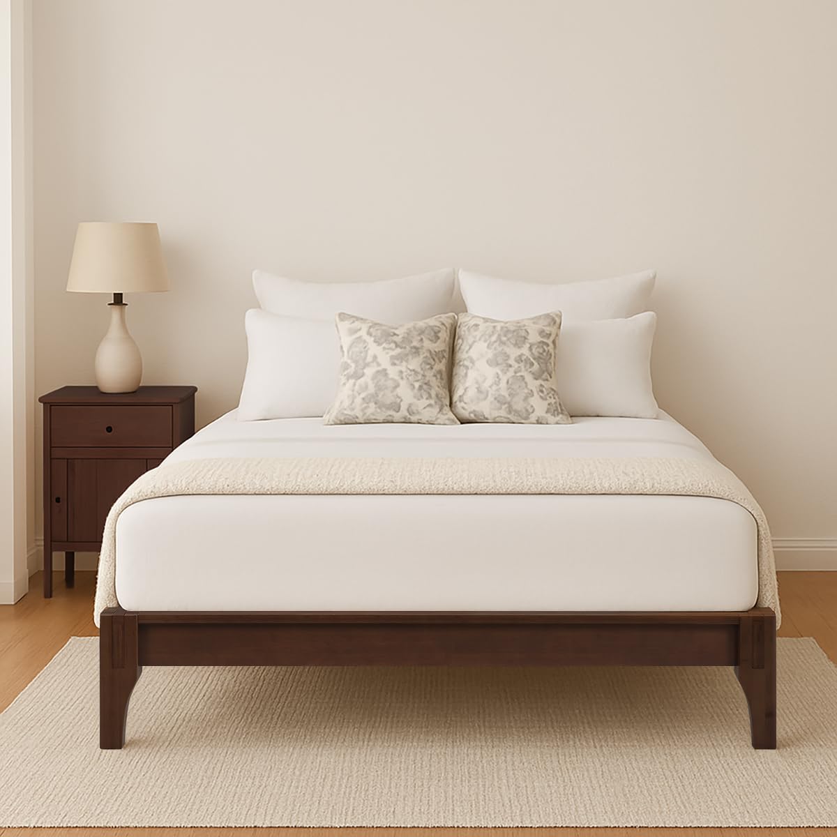 Merax Mid-Century Bamboo Platform Bed, Queen Size Bed Frame with Wood Slat Support, No Box Spring Needed, Easy Tool-Free Assembly, Chocolate