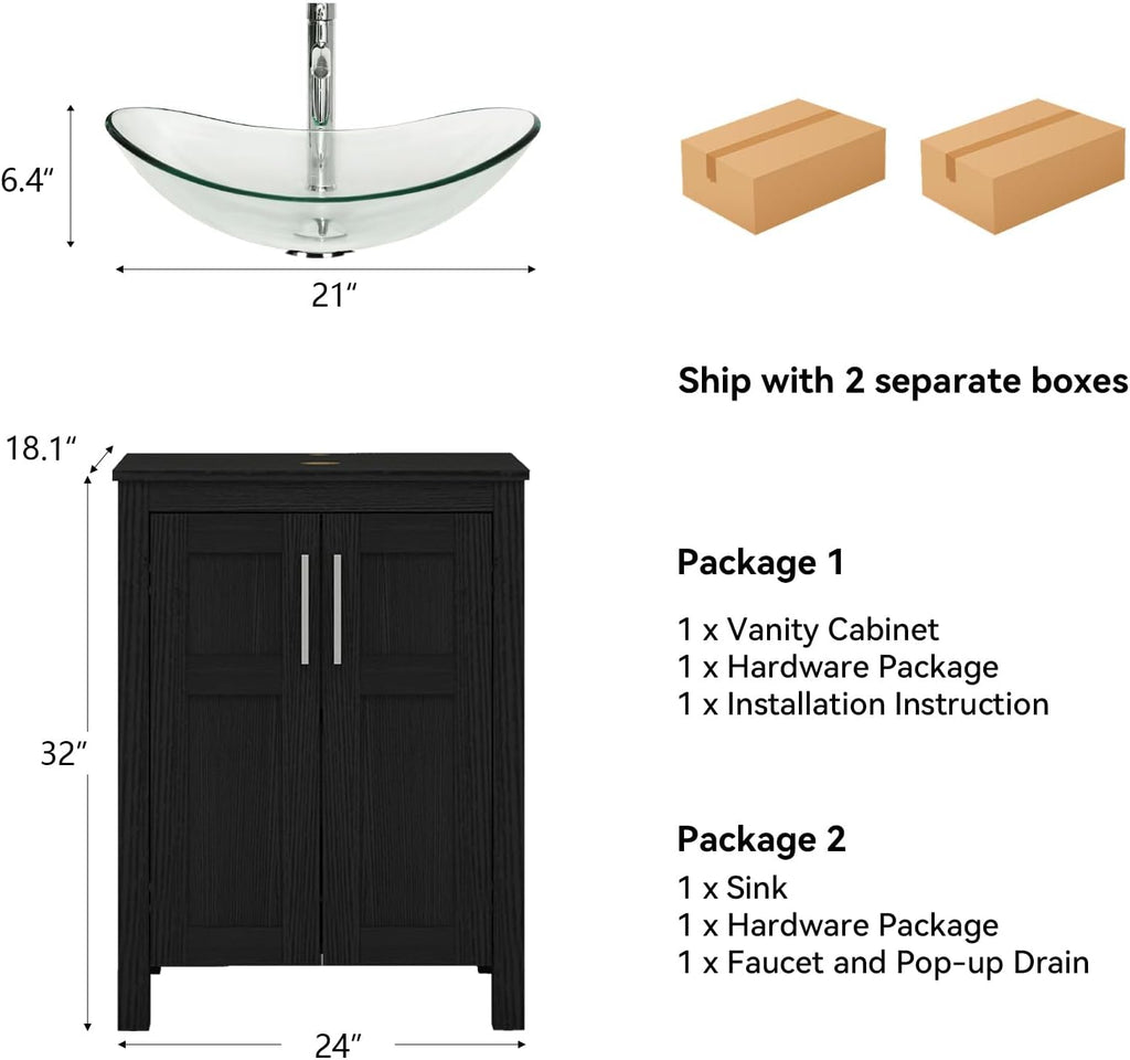 YOURLITE 24 Inches Traditional Bathroom Vanity Set with Single Faucet Hole, Clear Boat Glass Sink, Black Finish, 2-Door Cabinet