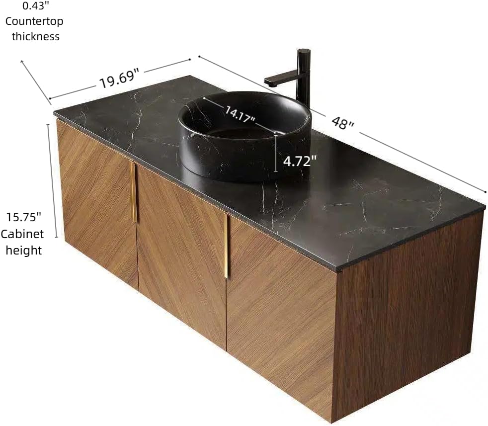 48 Inch Bathroom Vanity with Single Sink, Floating Vanity with Vessel Sink, Modern Bathroom Vanity Cabinet with 3 Doors, Sintered Stone Countertop and Black Round Basin,Brown Oak