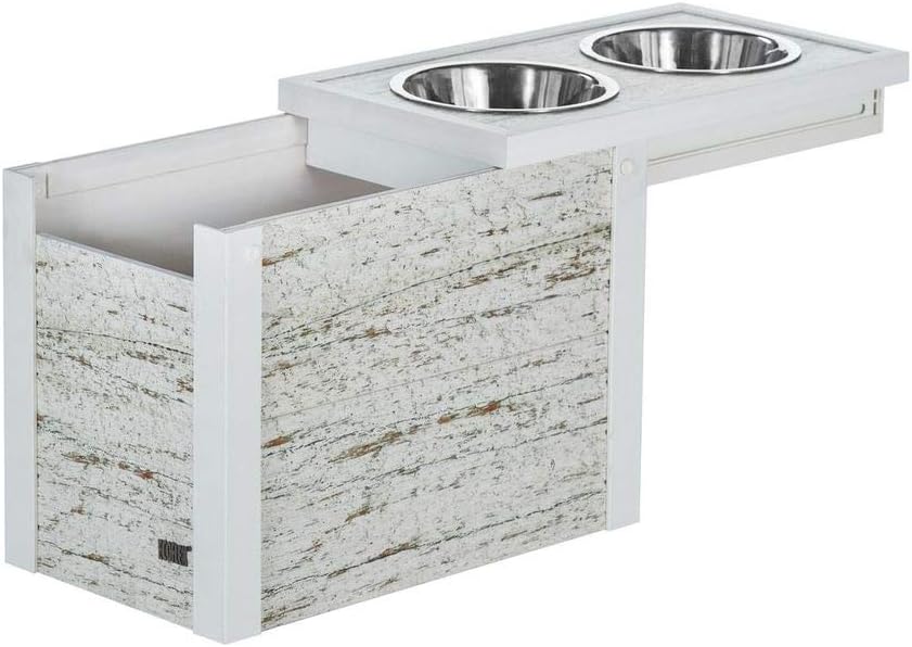 New Age Pet ECOFLEX Piedmont 2-Bowl Diner with Sliding Lid Storage Bin, Distressed Off White (EHHF307XL)