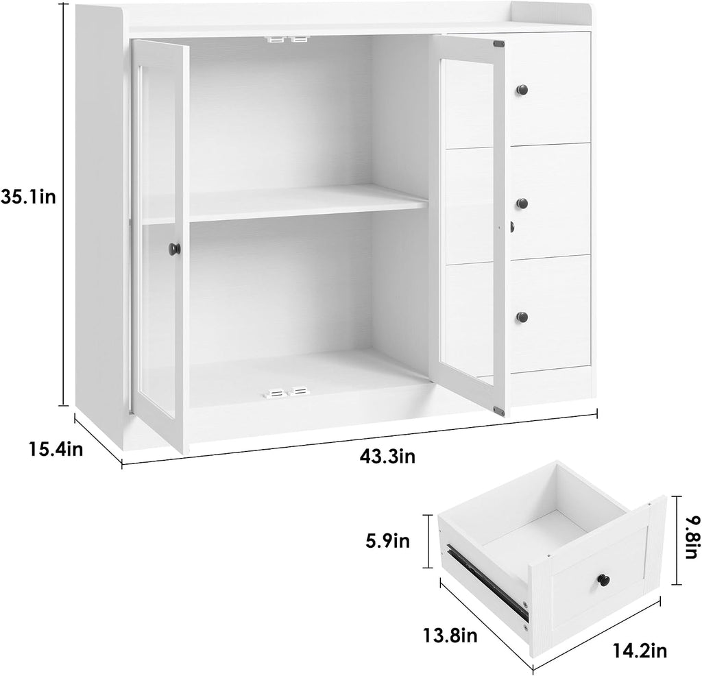 GarveeHome Sideboard Buffet Cabinet with Storage, 43 in Coffee Bar Cabinet with Glass Doors and 3 Drawers, Kitchen Storage Cabinet with Adjustable Shelves for Dining Room, Living Room, White