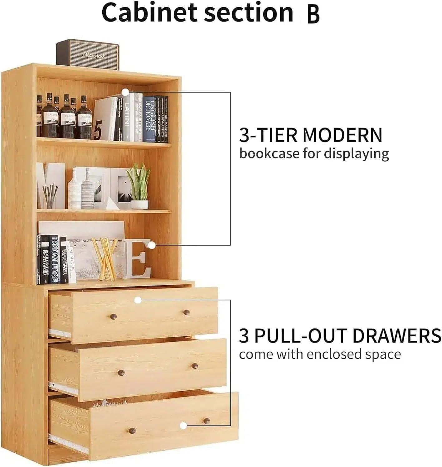 TUSY 71' H Bookshelf with Storage, 6-Tier Modern Bookshelves with 3 Large Drawer, Display Bookcase with Glass Doors, Modern 5-Tier Curio Cabinet for Home Office, Dining Room (Wood, ABBA)