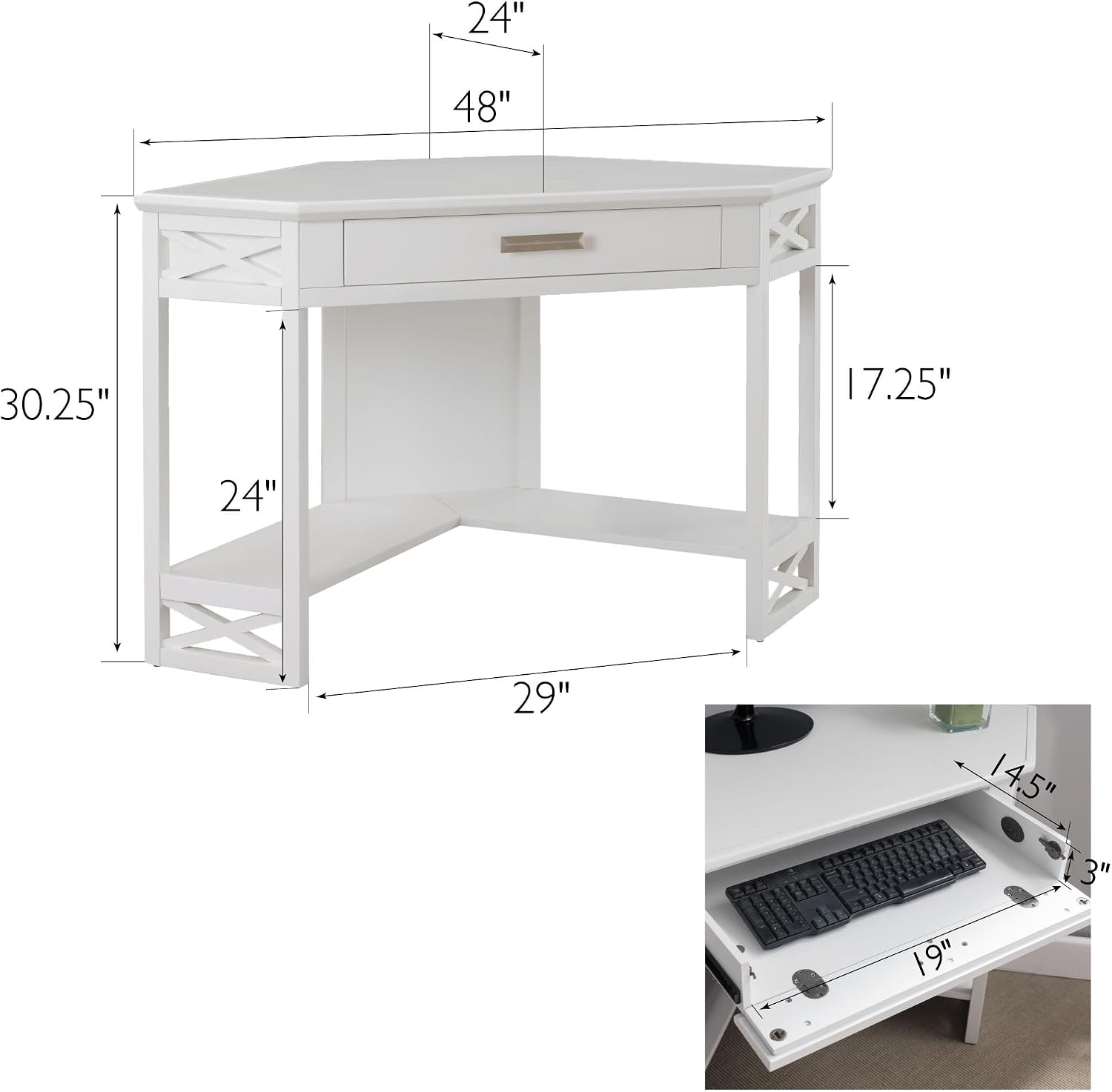 Leick Home Sage Corner Office Desk, Solid Wood, with Drop Front Keyboard Drawer, White, 85430