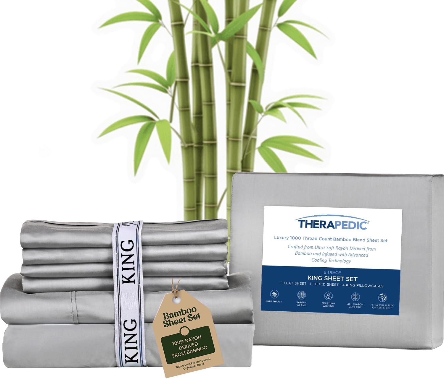Therapedic 100% Organic Rayon Derived from Bamboo King Sheet Set | 1000TC 6-Piece Cooling Sheets Set, 16' Deep Pocket Fitted Sheet, 4 Pillowcases - Dark Grey