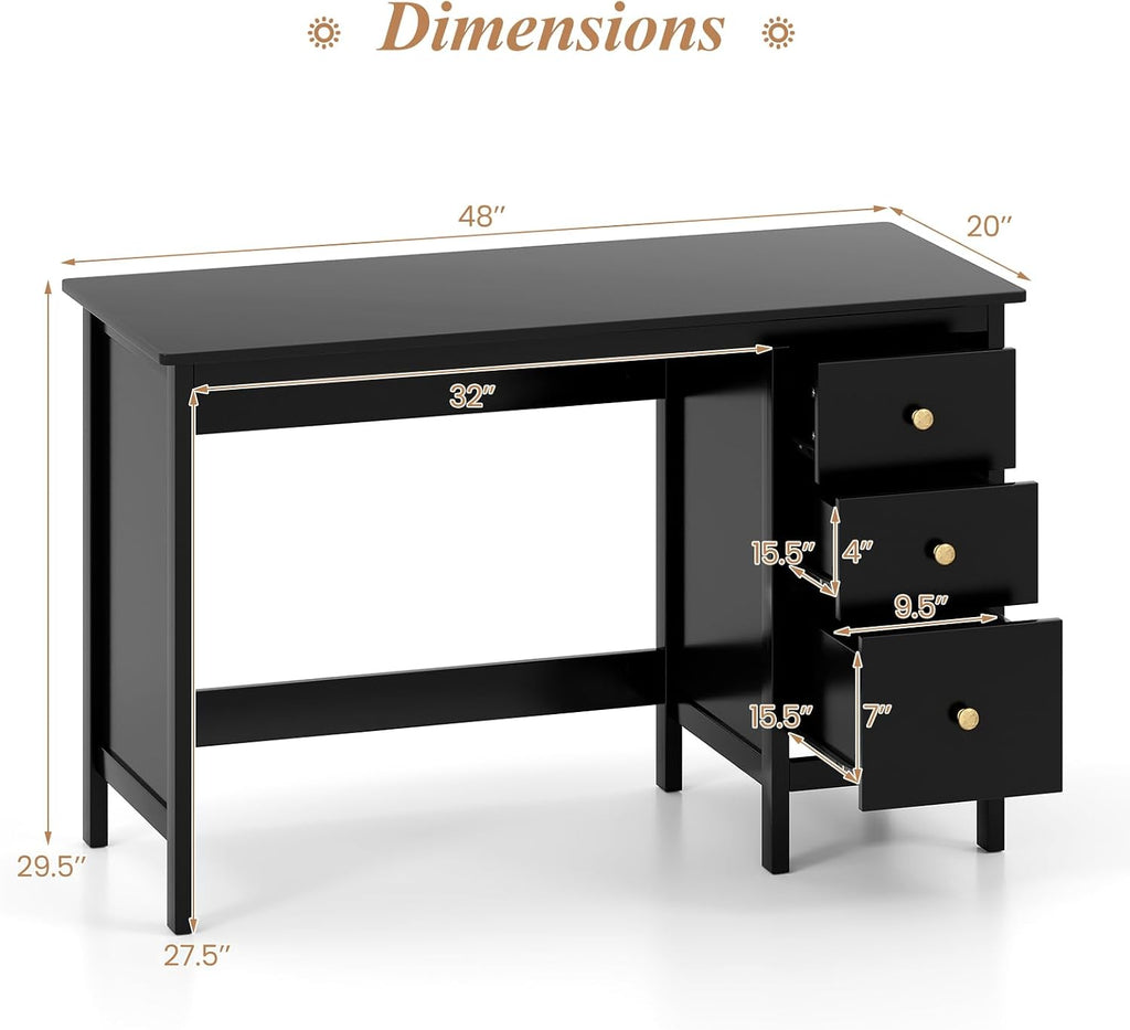 Giantex Black Desk with Drawers, 48 Inch Home Office Desk with Anti-Toppling Device, Multifunctional Computer Workstation, Wood Study Writing Desk for Small Spaces, Bedroom