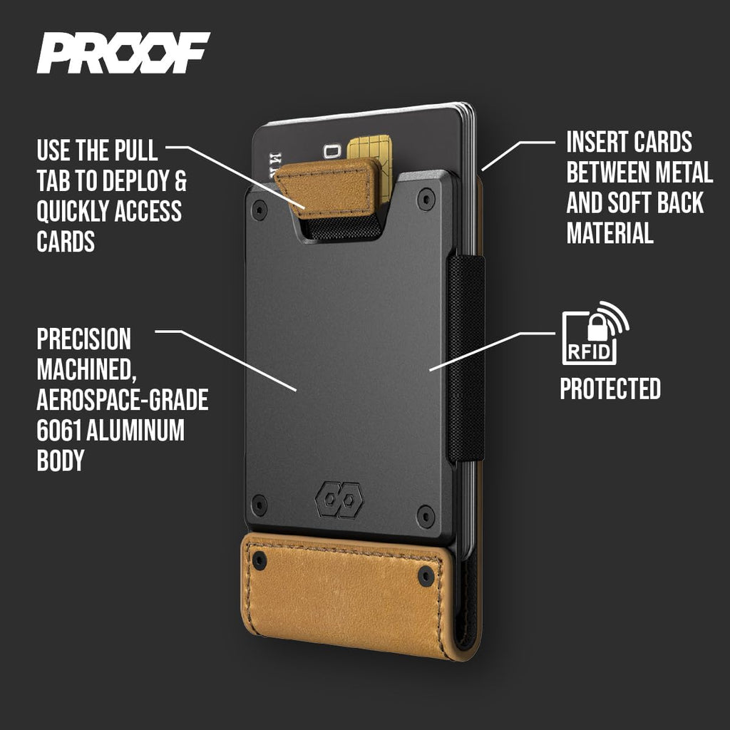 PROOF Wallet | Slim Minimalist Wallets for Men | Leather & Metal | RFID Wallet | Front/Back Pocket | Gift Box | Veteran Owned
