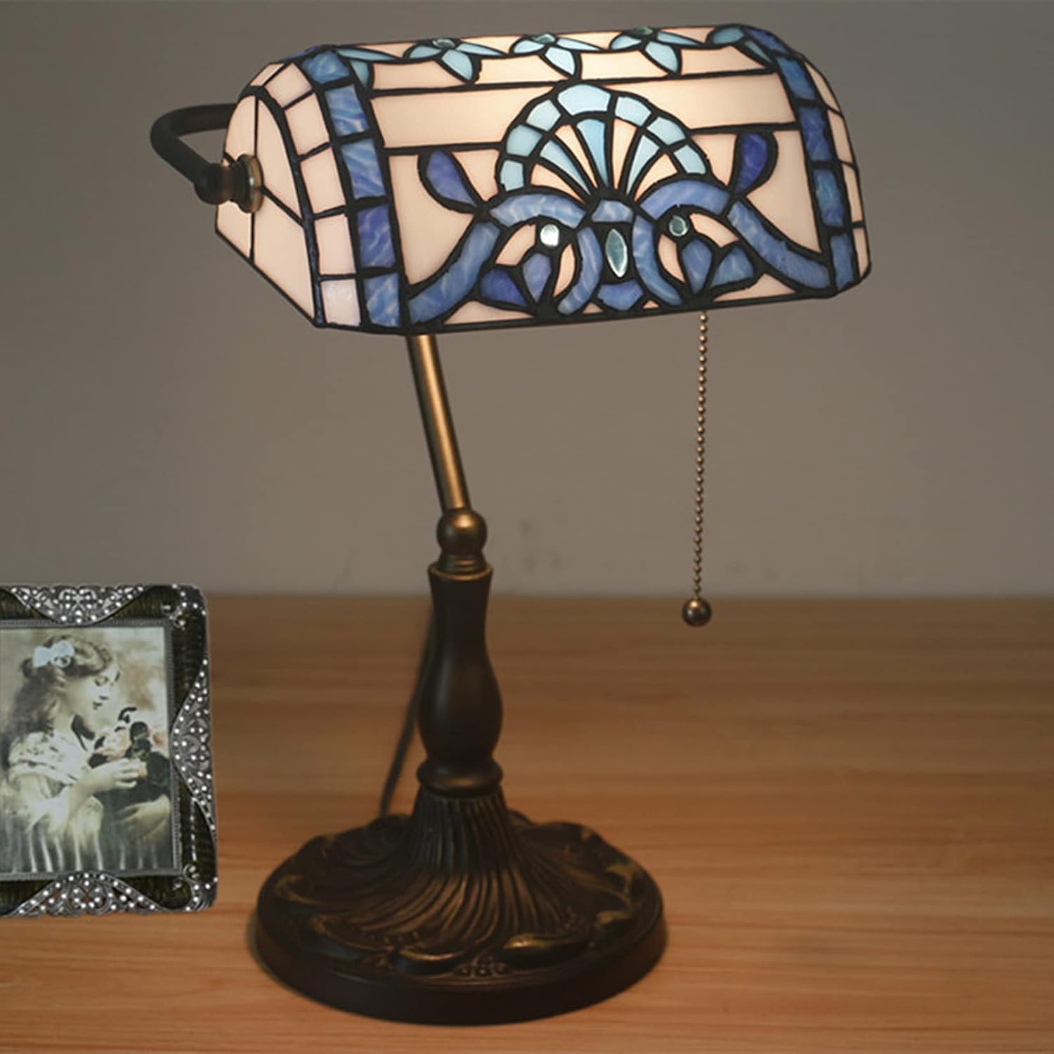 Tiffany Style Bankers Table Lamp Stained Glass Piano Desk Lamp Vintage Bedroom Bedside Lamp for Study,Antique Alloy Base,Zipper Switch,Blue Baroque