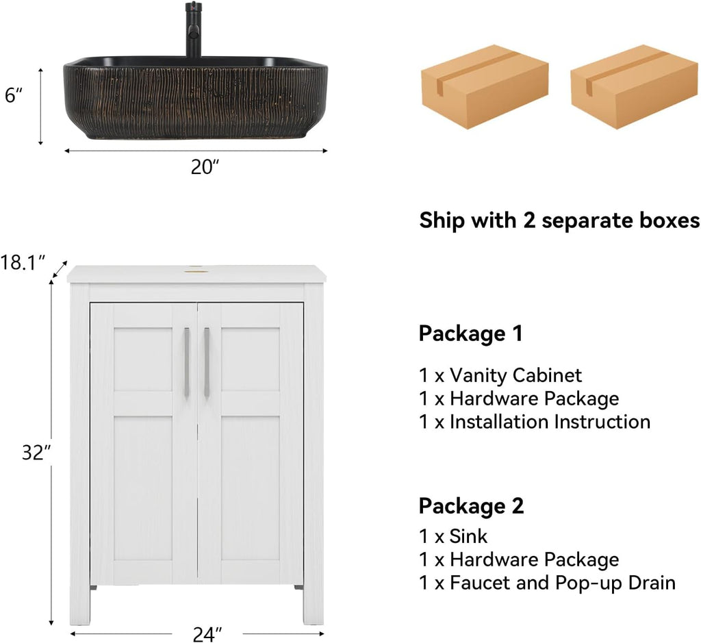 YOURLITE 24' Bathroom Vanity with Sink, White Bathroom Vanity and Sink Combo with Faucet & Pop Up Drain Set,Traditional Vanity with with Black & Gold Ceramic Sink