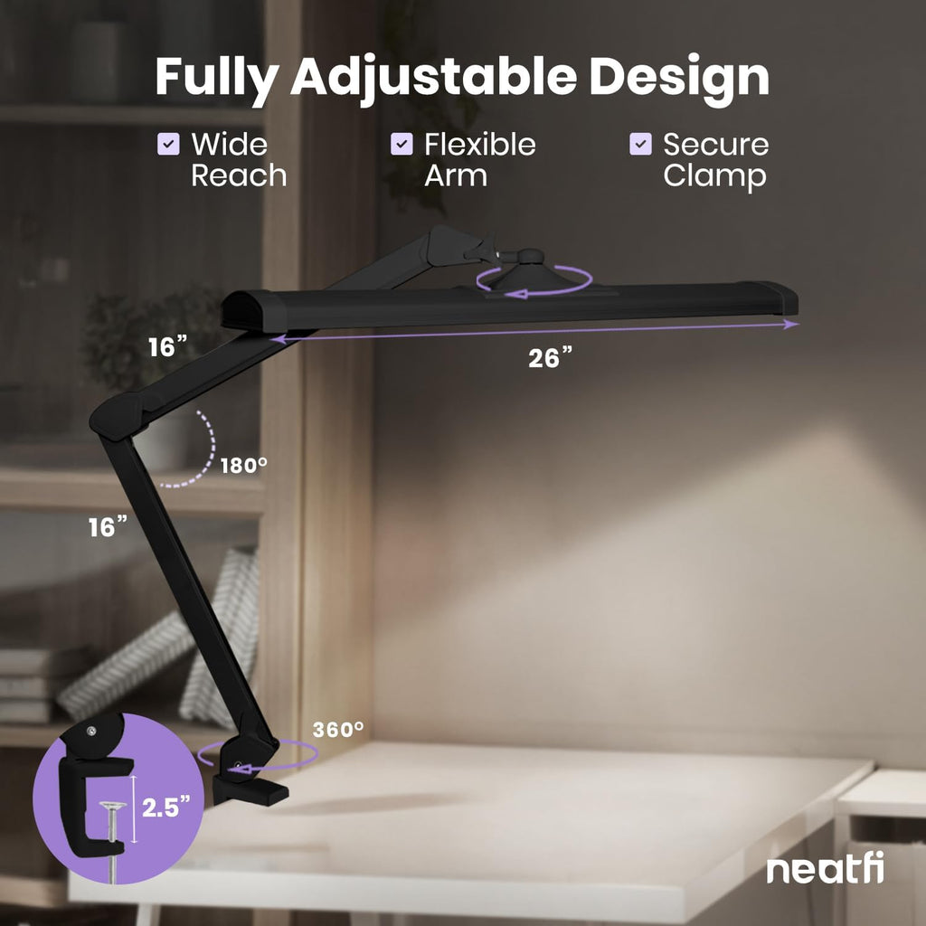 Neatfi 3,500 Lumens LED Desk Lamp – 45W Dimmable Task Light | Adjustable Color Temperature | 3 Light Modes | 540 SMD LEDs | Reading, Craft, Workbench & Office (Black-CCT, 26-Inch Wide Shade)