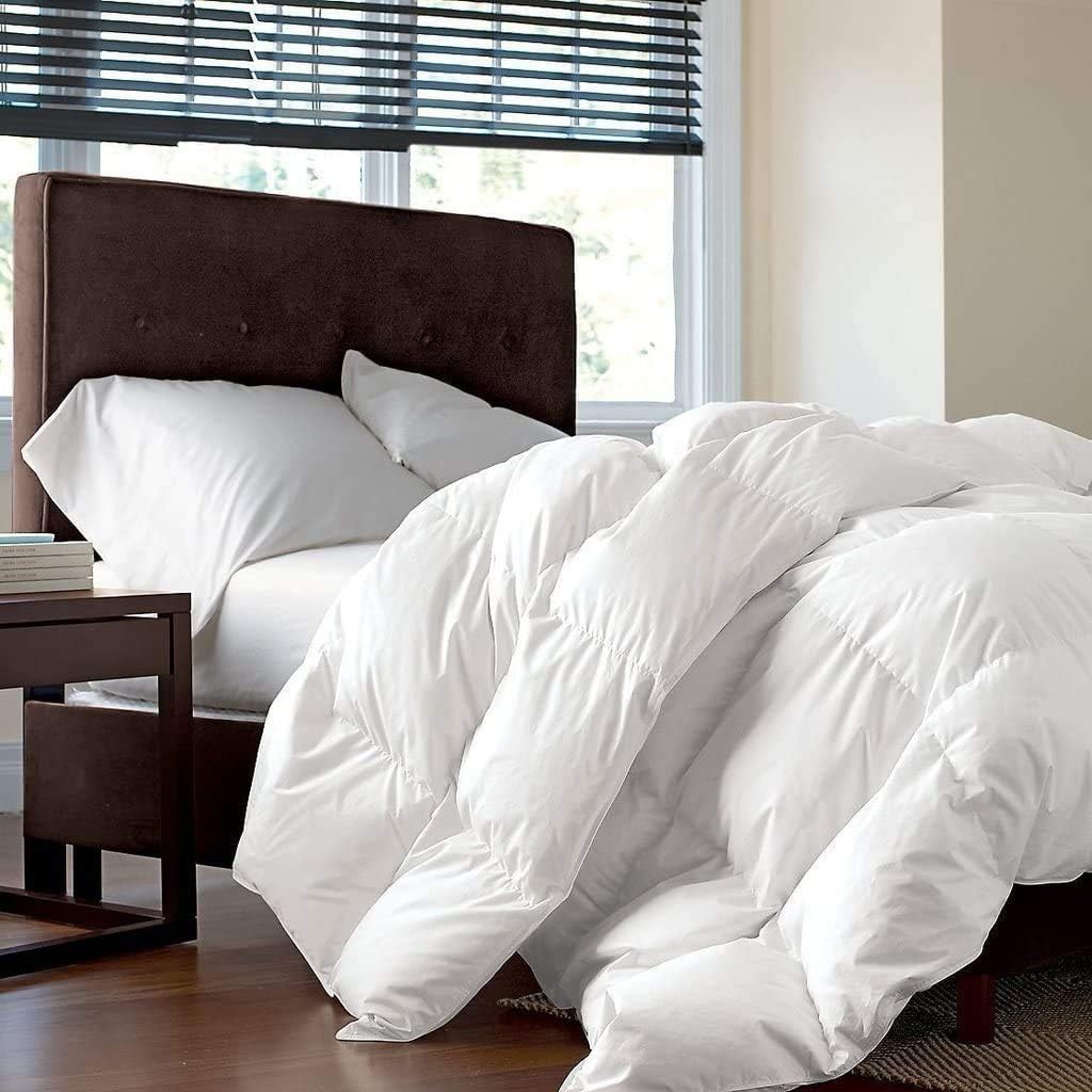 Luxurious Twin/Twin XL Size Goose Down Fiber Waterfowl Feather Fiber Comforter Duvet, 100% Egyptian Cotton Cover, 50 oz. Fill Weight, Baffle Box Design, White Solid