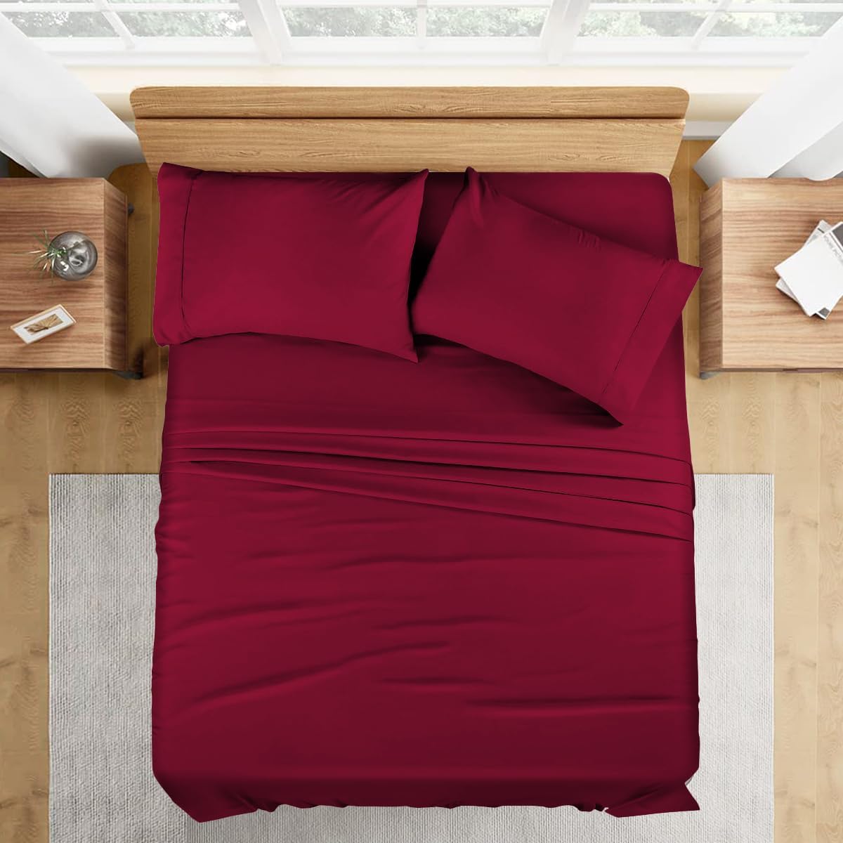 1000 Series- Extra Long Staple 100% Egyptian Cotton Sheet Set,Sateen Weave, Hotel Quality Soft Luxury Bedding, Queen Size 4 Piece Sheet Set Fit 15' Inch to 18' Deep Burgundy Solid.