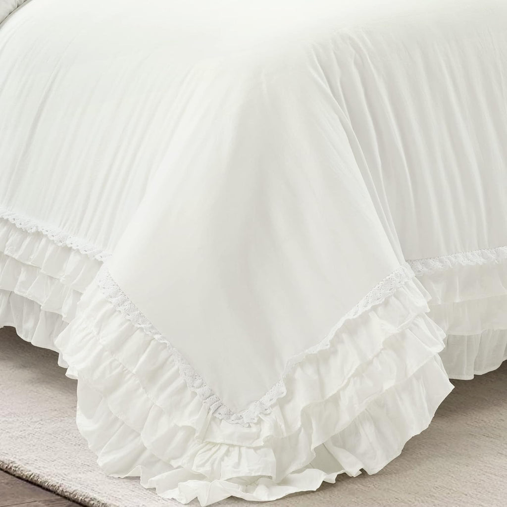 Lush Decor Ella Ruffle Lace 100% Cotton Duvet Cover, 3 Piece Set, Full/Queen, White - Cute Comforter - Queen Bedding Set - White Bedding Full Size - Coquette Decor - Neutral Lace Trim - Ruffle Trim