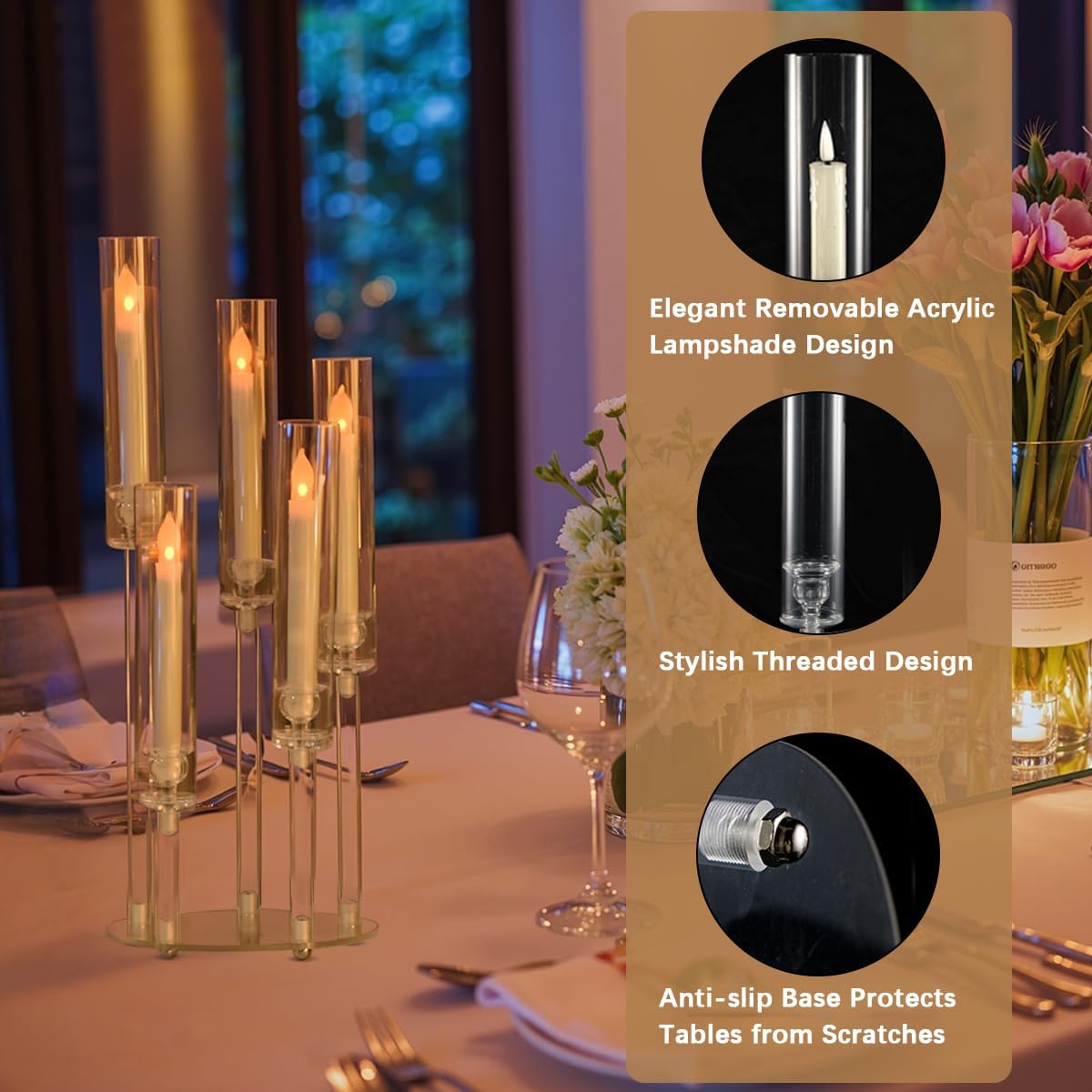 10Pcs Acrylic Candelabra Centerpieces for Wedding,5 Arm Clear Candelabra Table Centerpiece Acrylic Candle Stick Holders with Removable Lampshade for Party Easter Fireplace Decor Fit 0.8 LED Candle