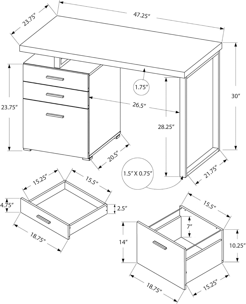 Monarch Specialties Left or Right Facing 47-Inch Modern Home Office Computer Study Writing Desk with Filing Drawer, 48'L, Grey & Silver