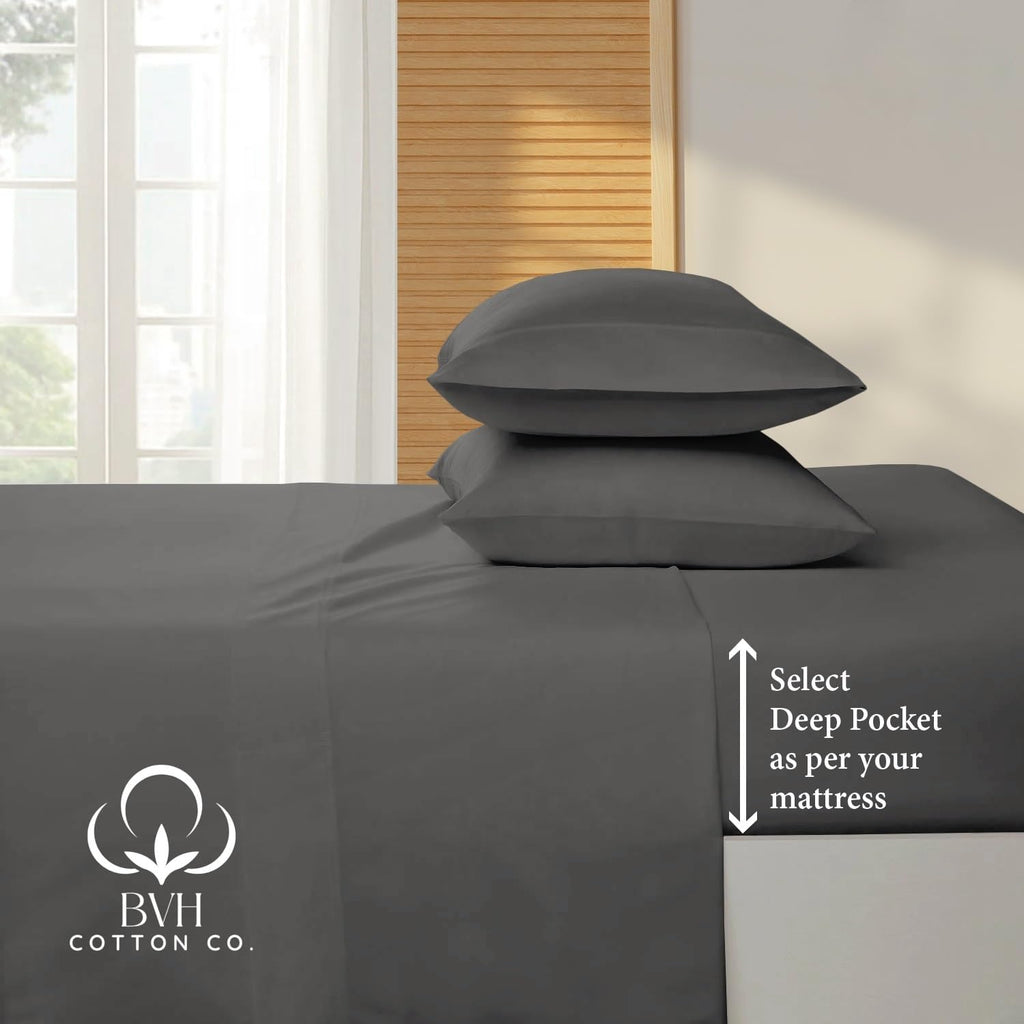 Egyptian Cotton Alaska King Size Sheet Set, 4Pc Bed Set, Soft & Breathable Percale Weave, Fits 10-12' Deep Pocket, Hotel-Quality 1000 Series Bed Sheets (Solid, Elephant Grey)
