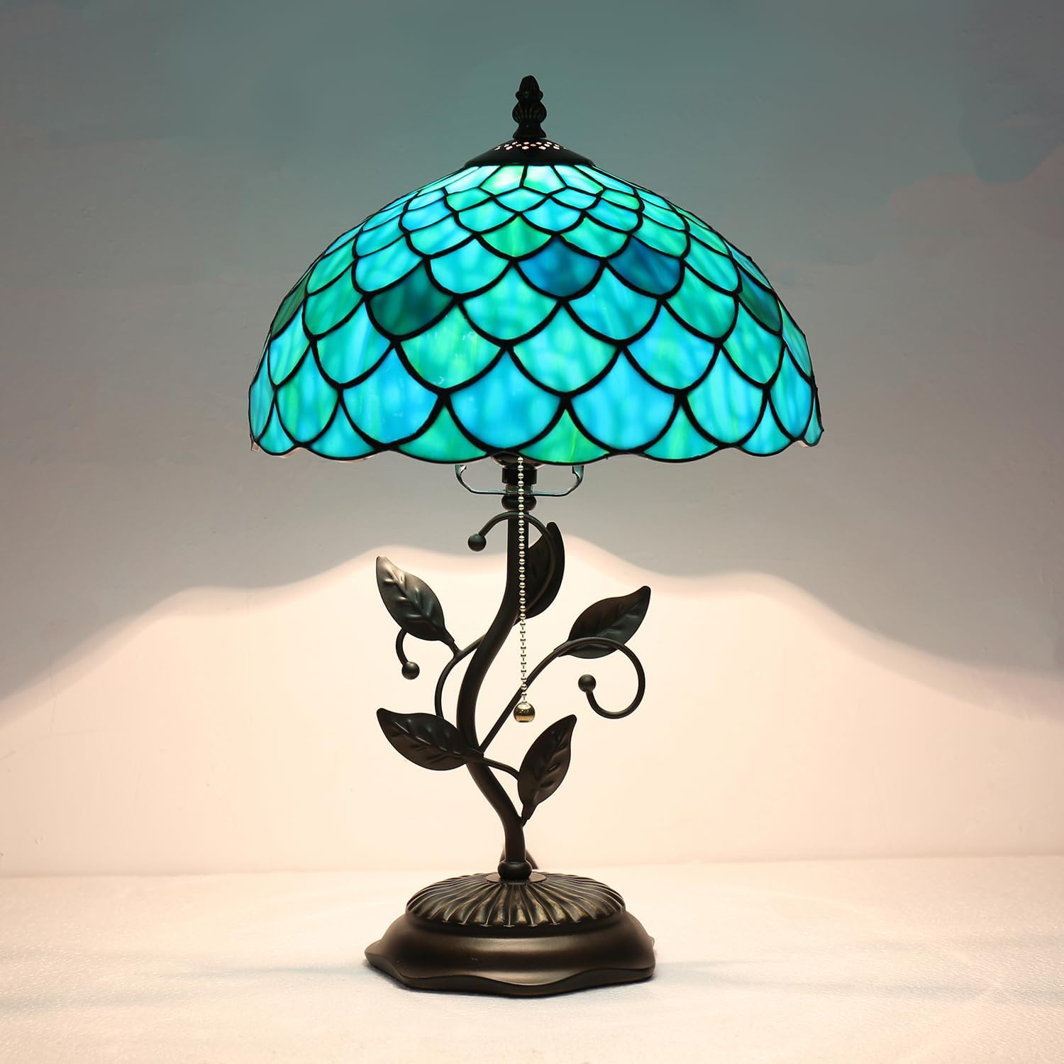 Tiffany Table Lamp, Stained Glass Blue Green Fish Scale Style, Metal Leaf Base Decor Lamp, 12x12x19 Inch for Bedroom, Living Room, Home, Office