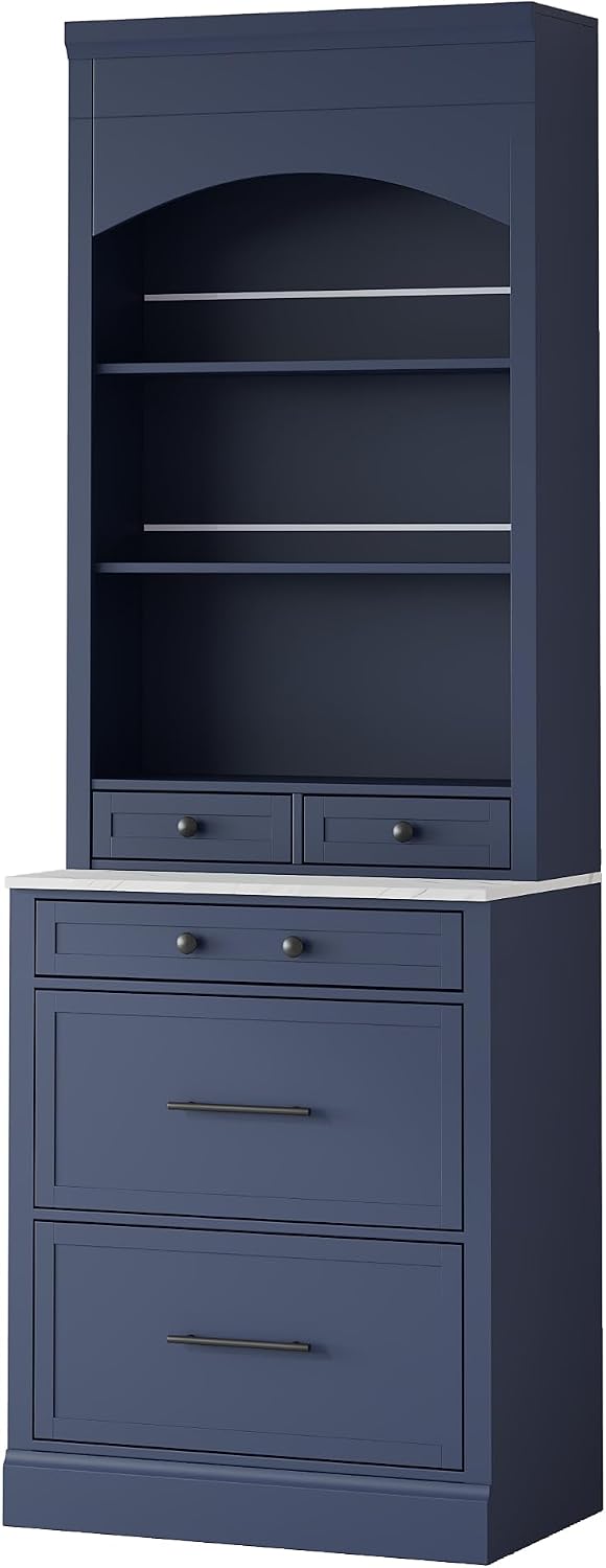 Modern 83.7inch High Kitchen Pantry, Freestanding Tall Kitchen Hutch with Faux Marble Top, Cupboard Cabinet with 5 Storage Drawers and Adjustable Shelf, Wood Storage Cabinet, Set of 2