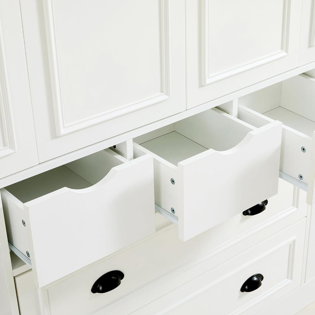 Farmhouse 71''H Large Kitchen Pantry, 53.2''Lx17.7''W Wood Dining Storage Cabinet Cupboard with 4 Foldable Doors, Power Outlet, Shelves, Wine Racks and Serving Trays (White-Fold D)