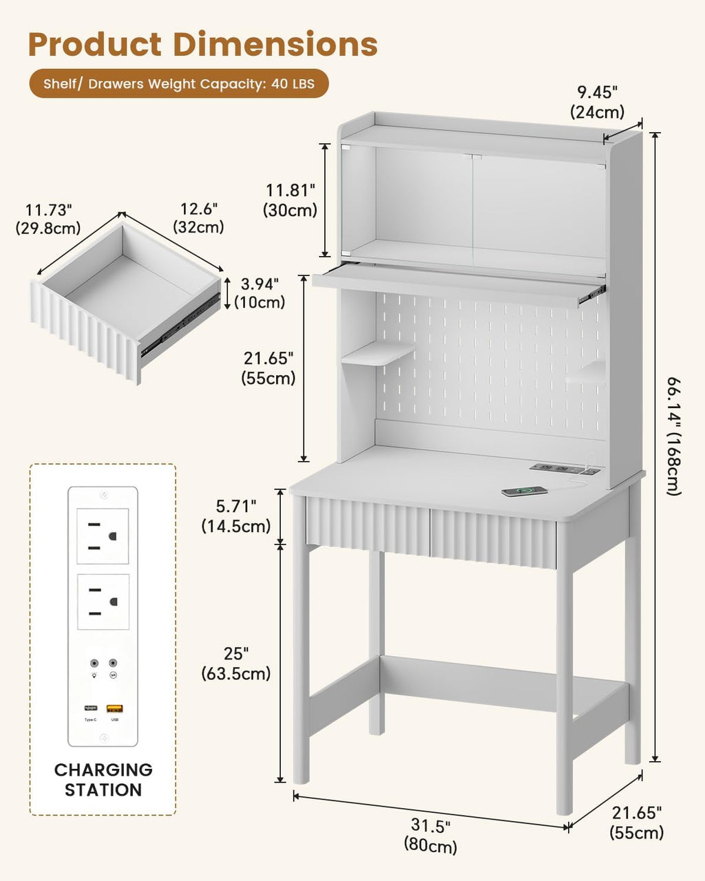 HNEBC White Computer Desk - with Power Outlets & Chariging Station,Small Writing Desk with Hutch and Drawers,66.3''H Office Desk with Pull-Out LED Lights,Pop-up Glass Door,Pegboards,Bedroom