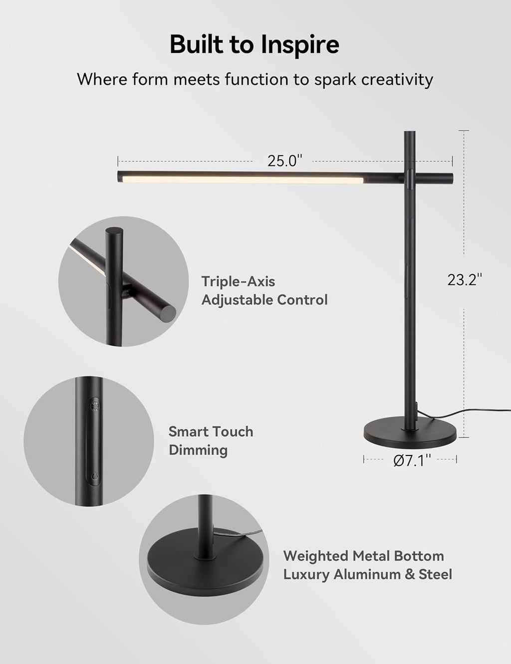 Tubicen Rotatable Desk Lamp 360° Joint Reading Table Lamp Adjustable Arm/Head Work Desk Lighting 3 Color 4- Stage Modern LED Touch Dimmable Angle Desk Task Lamp for Office Bedroom 15W Black