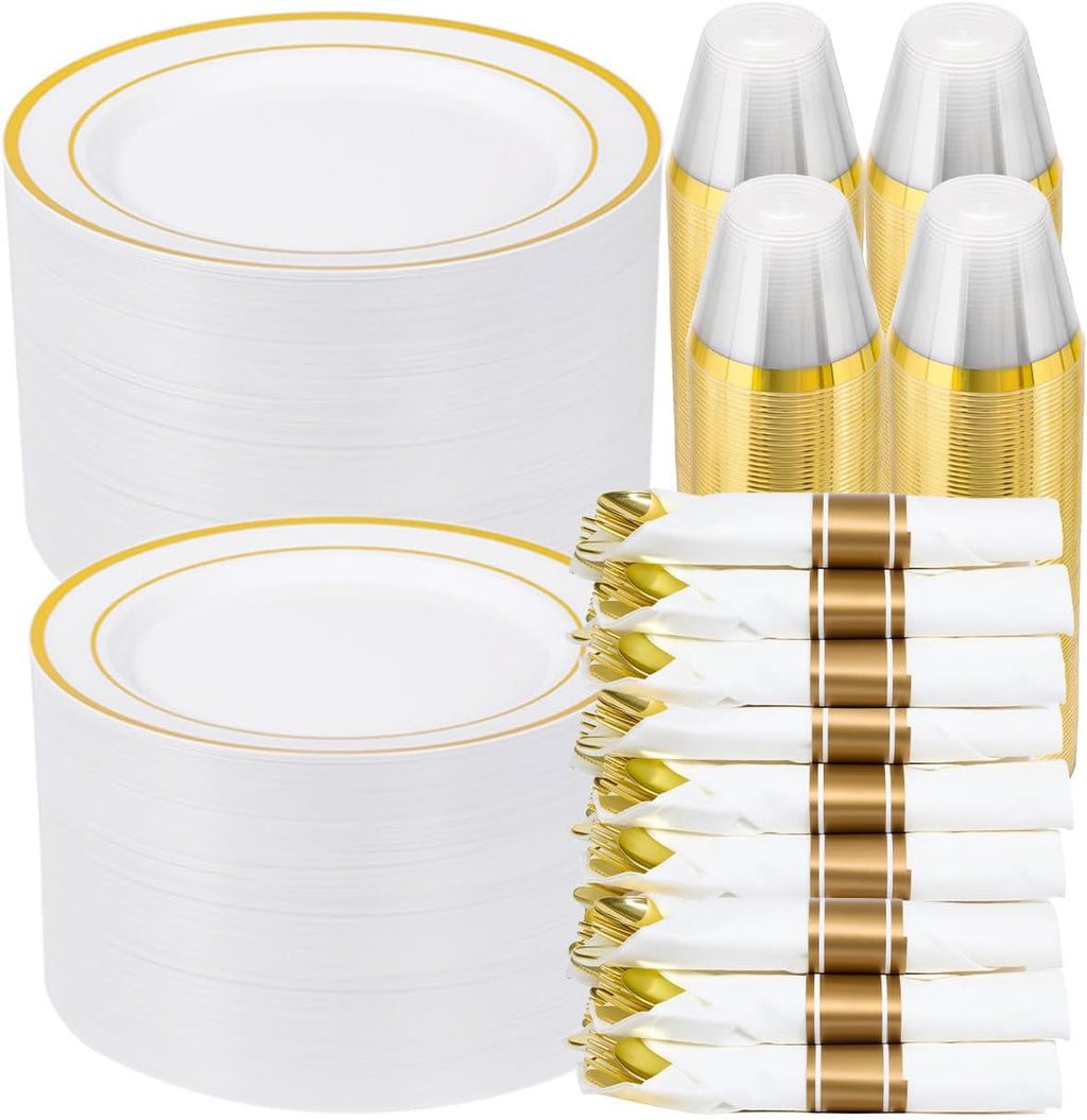 700 PCS Gold Plastic Dinnerware Set for 100 Guests, 200 DisposablePlates for Party, 100 Pre Rolled Napkins with Gold Silverware, 100 Cups